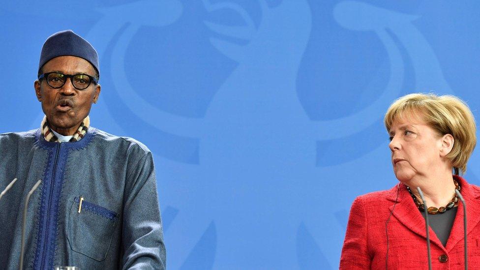 German Chancellor Angela Merkel and Nigeria"s President Muhammadu Buhari give a press conference at the Chancellery in Berlin on October 14, 2016.