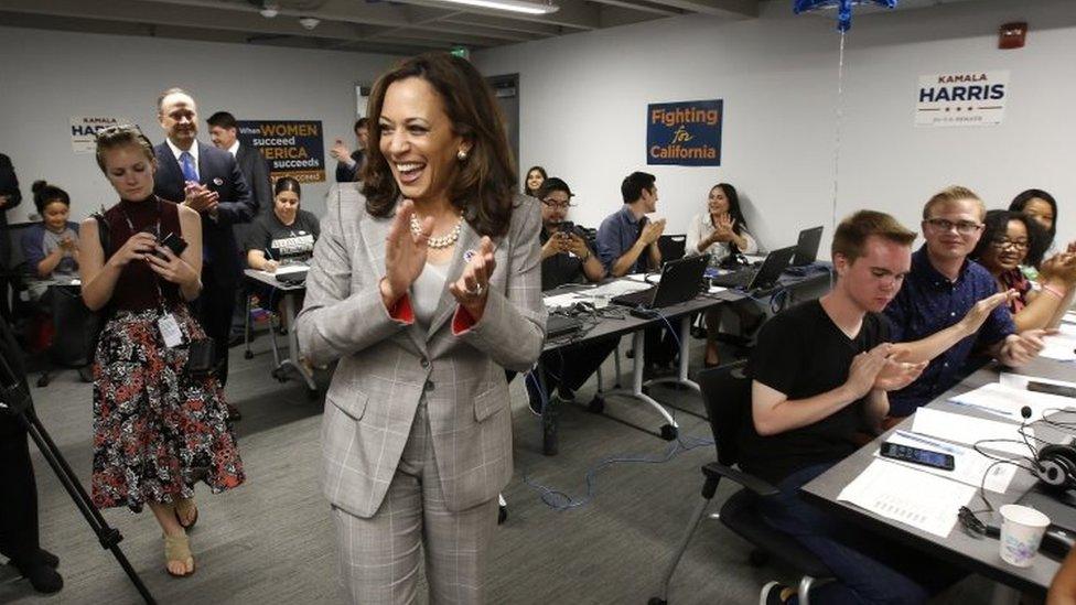 Attorney General Kamala Harris (centre) thanks supporters in Sacramento, California. Photo: 7 June 2016