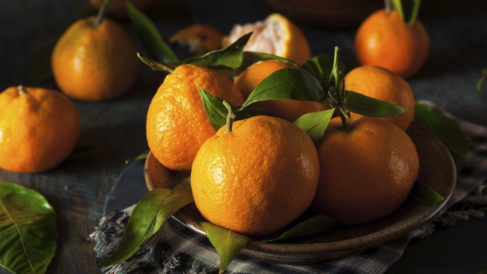 Plate of Christmas tangerines with leaves