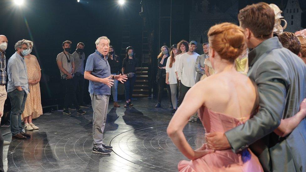 Andrew Lloyd Webber with the cast and crew of the Cinderella production at the Gillian Lynne Theatre in London.