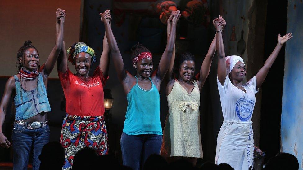 Lupita Nyong'o and the cast of Eclipsed on stage