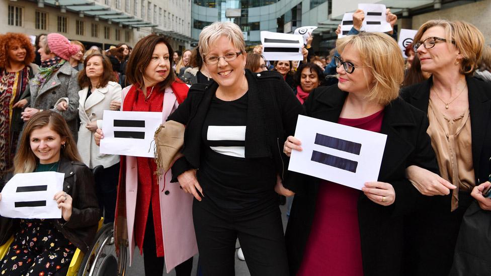 Carrie Gracie (centre) and other BBC employees outside New Broadcasting House in March 2018