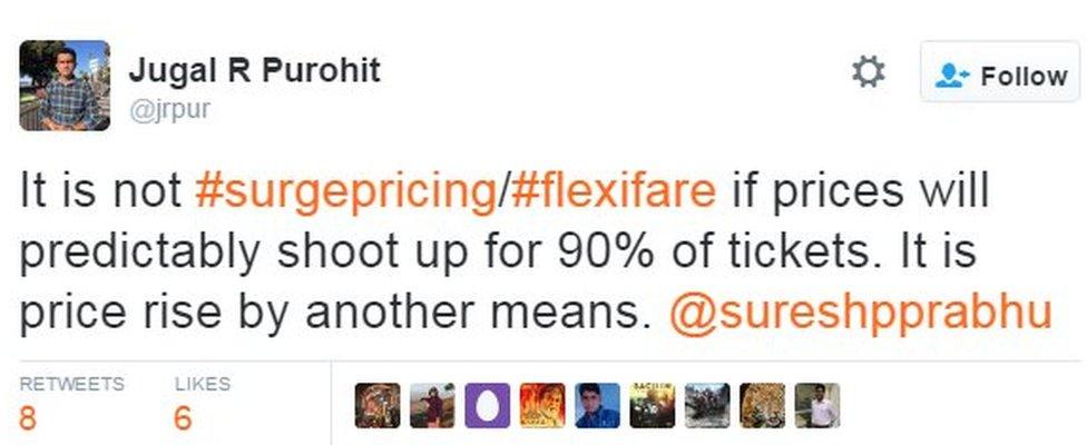 It is not #surgepricing/#flexifare if prices will predictably shoot up for 90% of tickets. It is price rise by another means. @sureshpprabhu