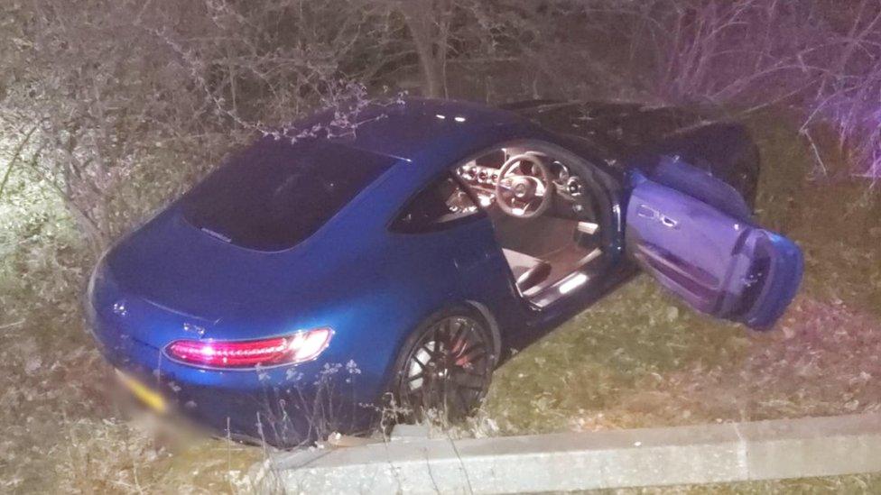 Mercedes in a hedge