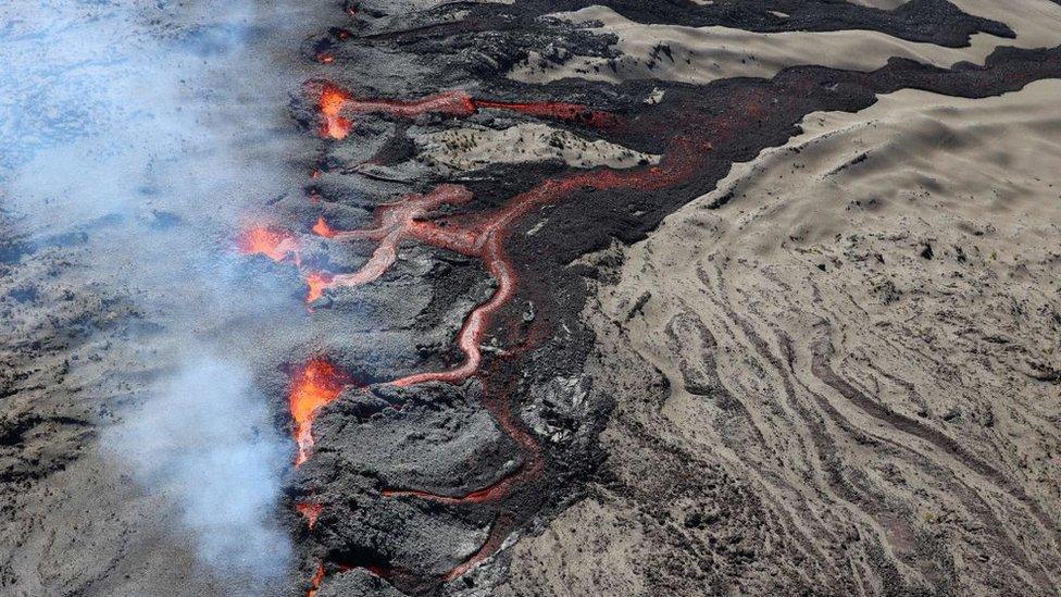 Aerial view of the July 2023 eruption of the Piton de la Fournaise volcano on Reunion