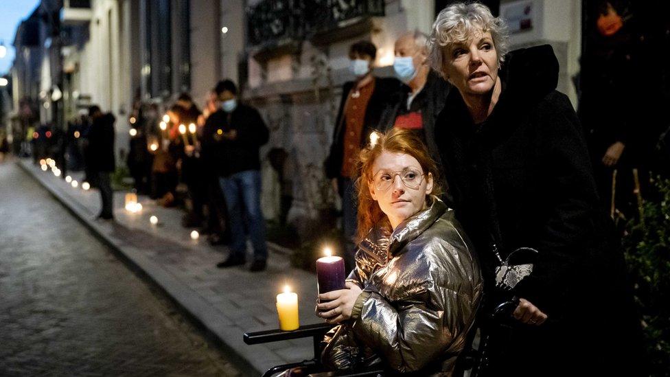 Mourners during the commemoration for a teacher in Arnhem, the Netherlands, 07 November 2020