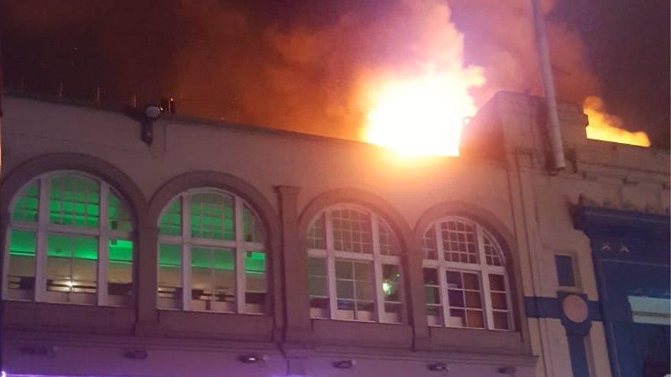 The roof of Campus nightclub on fire