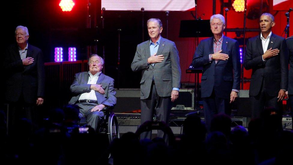 The five former U.S. presidents during the national anthem