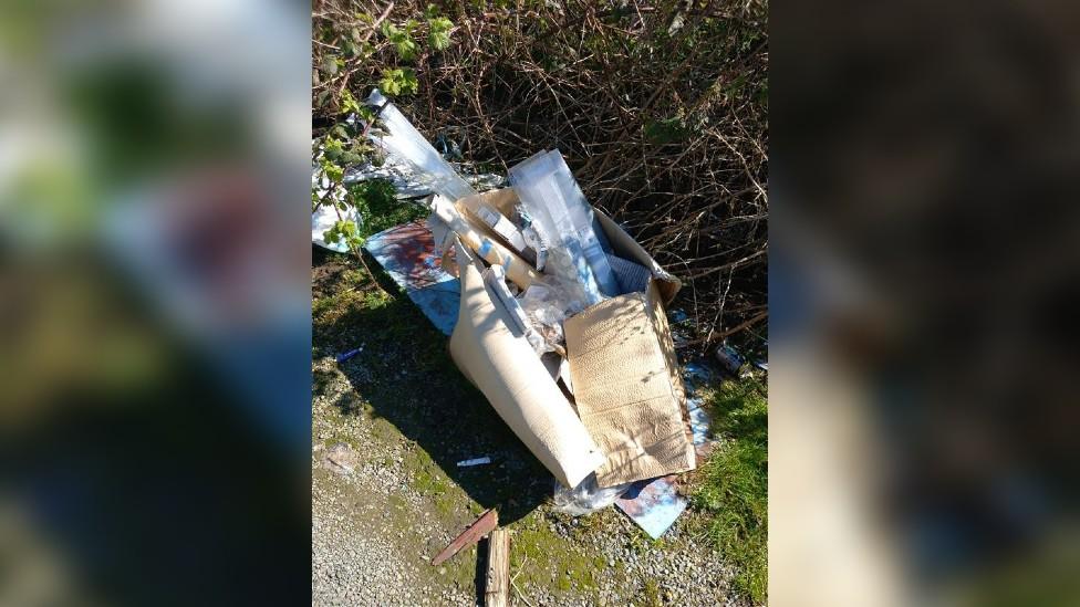 Rubbish dumped on the ground near a lot of twigs - mostly plastic and cardboard