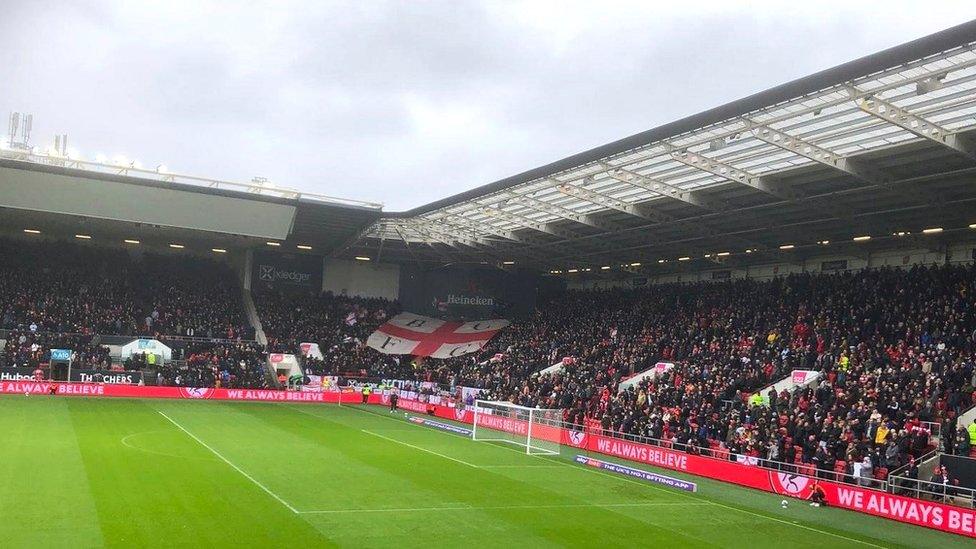 Ashton Gate Stadium with the stands full as Bristol City fans show their support against Cardiff