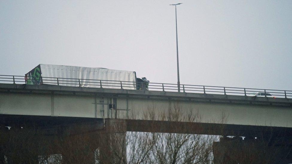 Overturned lorry on the M60