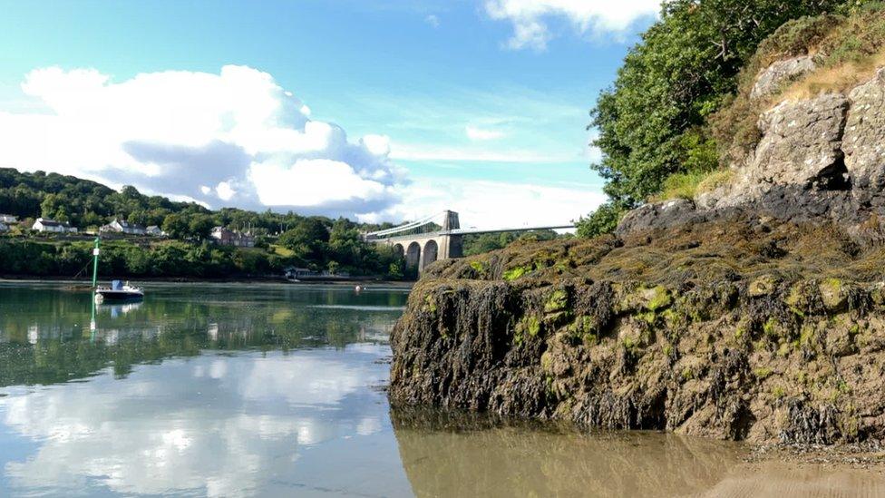 Menai Strait with Menai suspension bridge in view