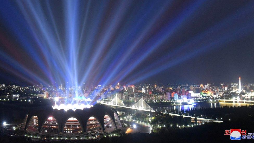 The May Day stadium lights up during Mass Games