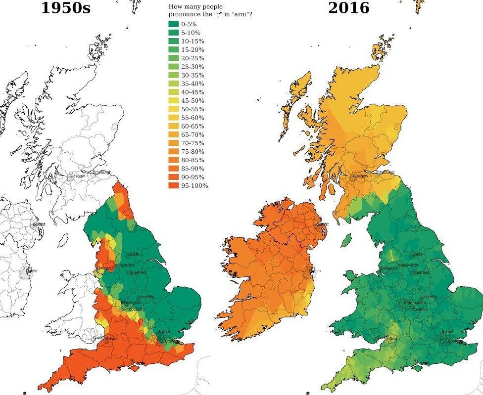 Dialect map showing pronunciation of the word "arm"