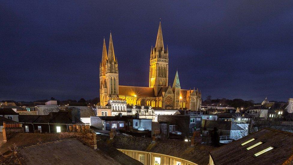 Truro Cathedral lit up at night