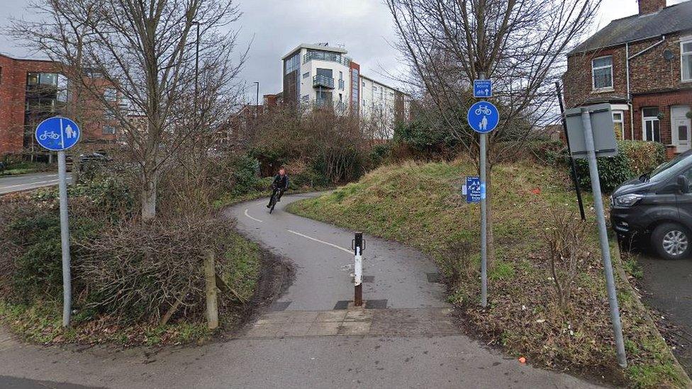 A cycle path and walkway in York - stock image