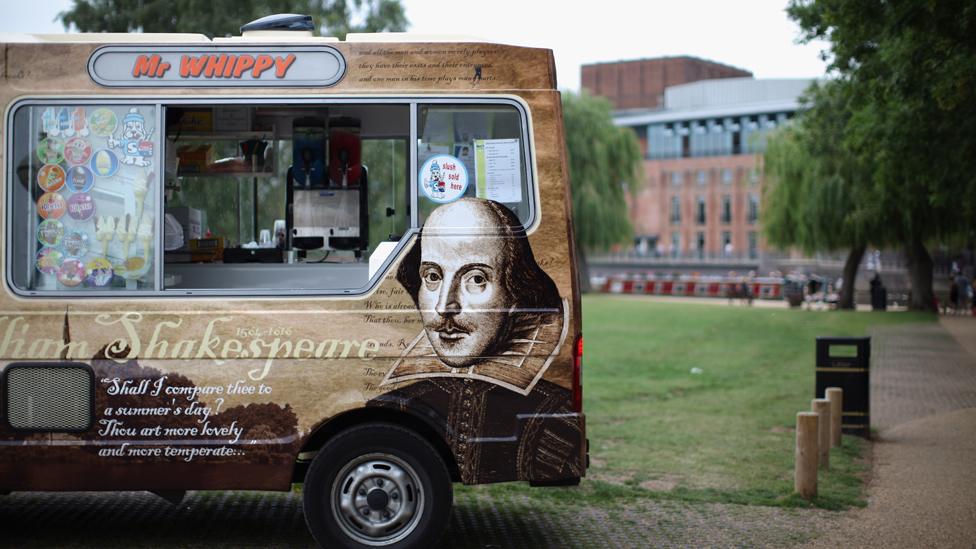 Ice cream van in Stratford showing Shakespeare's face