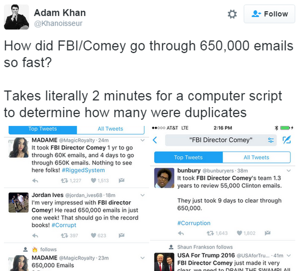 An email reads: "How did FBI/Comey go through 650,000 emails so fast?"