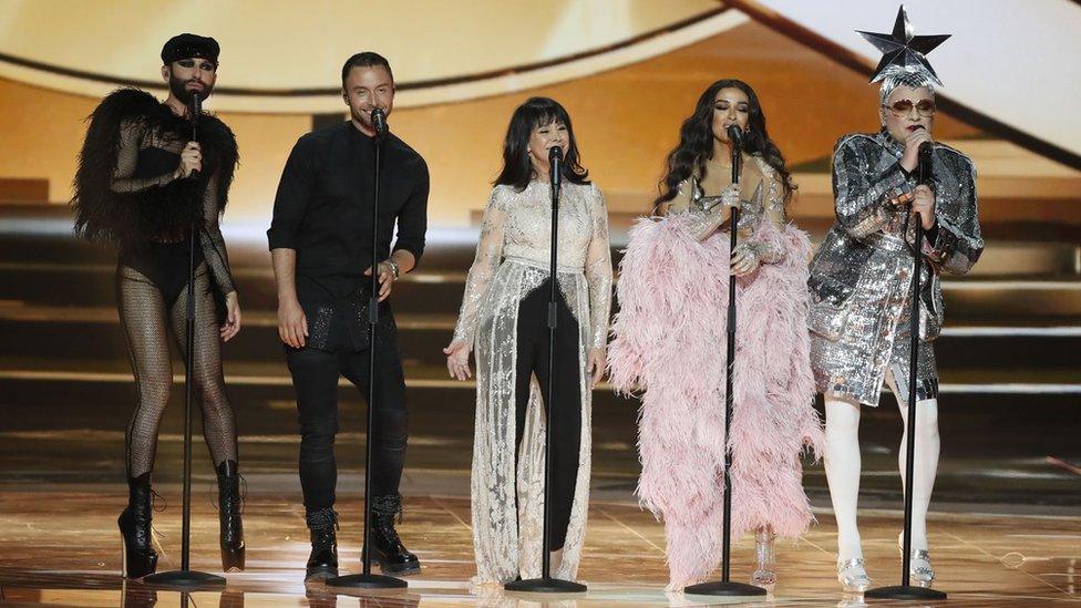 Conchita Wurst, Mans Zelmerlow, Gali Atari, Eleni Foureira and Vjerka Serdjucka