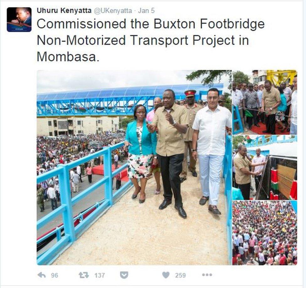 Image of President Kenyatta's tweet, showing him opening footbridge