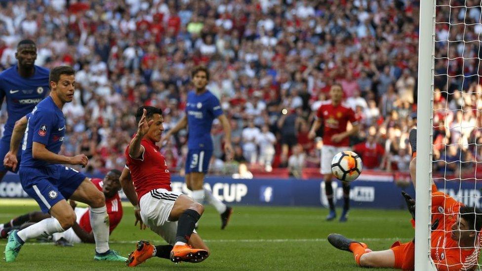 Manchester United's Chilean striker Alexis Sanchez (C) has this goal disallowed for offside during the English FA Cup final football match between Chelsea and Manchester United at Wembley stadium in London on May 19, 2018.