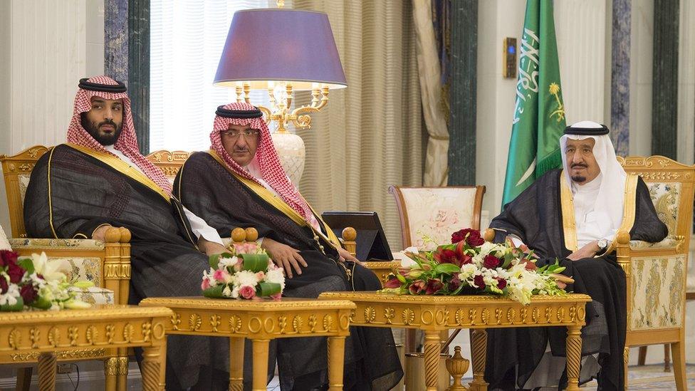 King Salman (R) sites beside Crown Prince Mohammed bin Nayef (C) and Deputy Crown Prince Mohammed bin Salman (R) on 24 April 2017