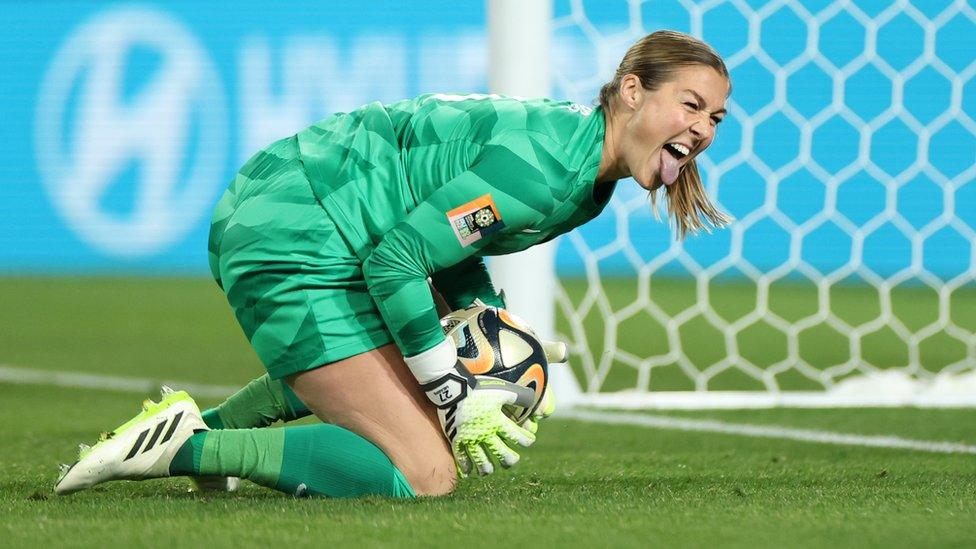 Goalkeeper Mary Earps of England gestures after saving during the FIFA Women's World Cup Australia & New Zealand 2023 Final match between Spain and England at Stadium Australia on August 20, 2023 in Sydney, Australia.