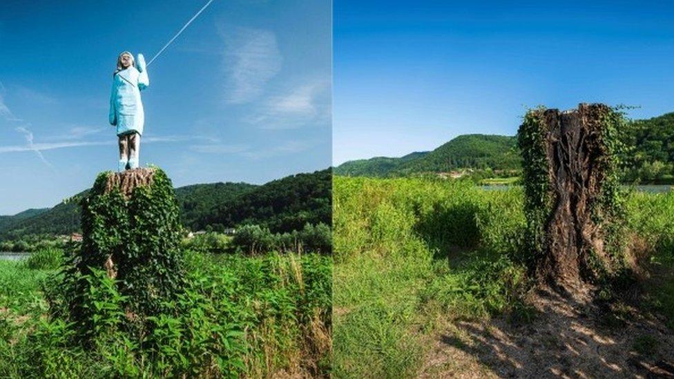 A split image showing a statue of Melania Trump and the empty statue where it was once perched