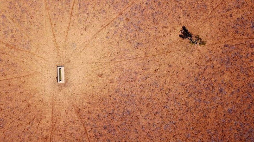 An overhead view of a drought-affected farm in NSW