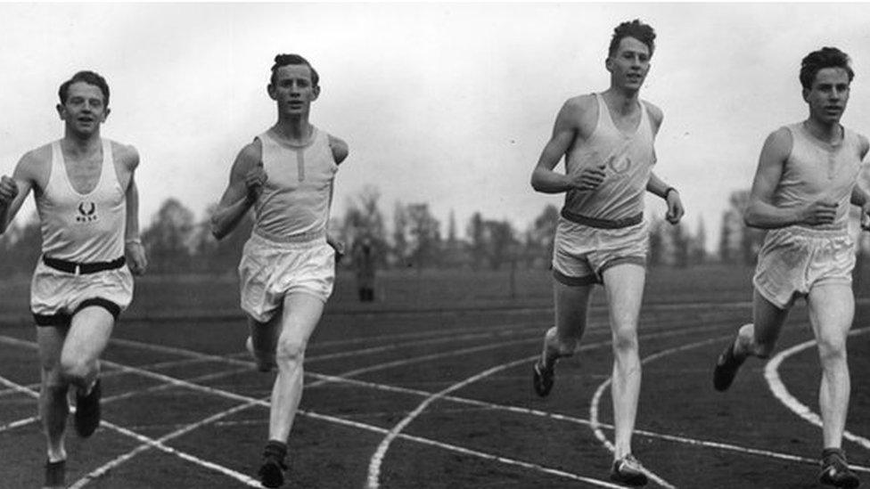 Roger Bannister warming up for the record attempt.