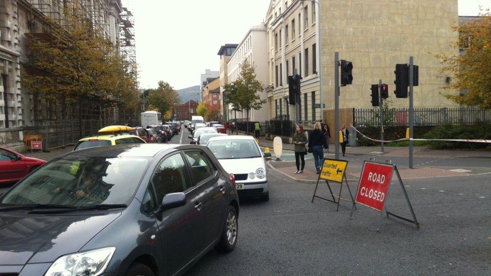 Cars being diverted at Millfield in Belfast