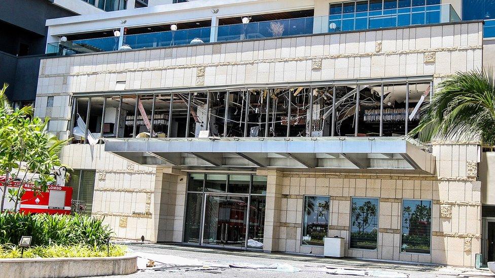 The damaged Shangri-La hotel in the Sri Lankan capital, Colombo, after an explosion