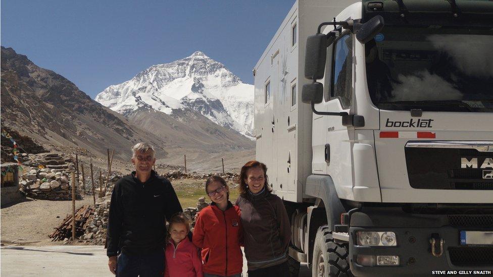 Steve and Gilly Snaith with their two daughters at Mt Everest base camp in Tibet