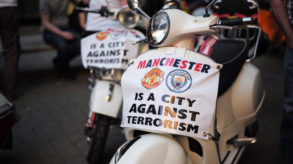 Scooter with anti-terrorism sign