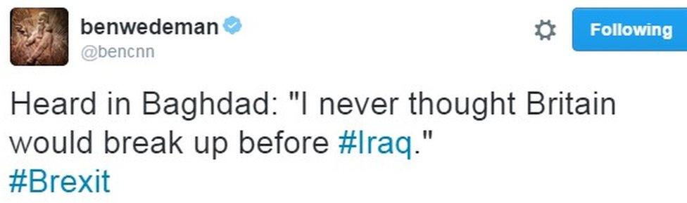 Heard in Baghdad: "I never thought Britain would break up before #Iraq."