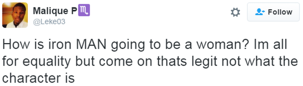 A tweet reads: "How is iron MAN going to be a woman? Im all for equality but come on thats legit not what the character is"