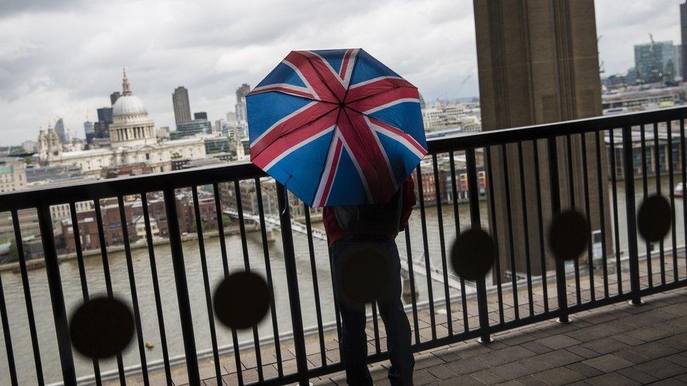 Union flag umbrella overlooking City