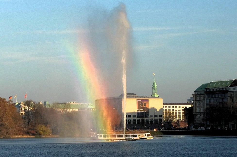 A rainbow from a fountain