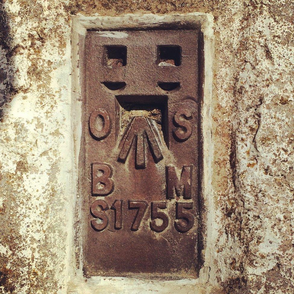 Flush bracket on the trig pillar at Trevose Head in Cornwall.