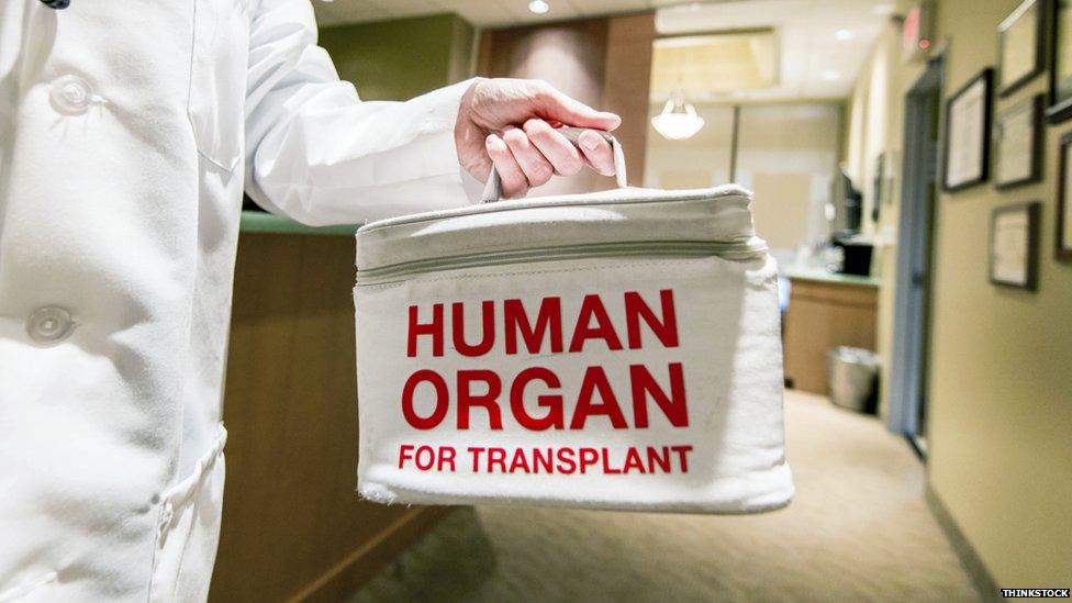 A medical bag labelled 'human organ for transplant'