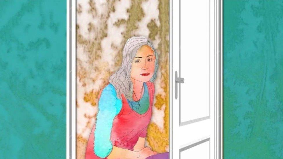 An illustration of a woman sitting behind a doorway