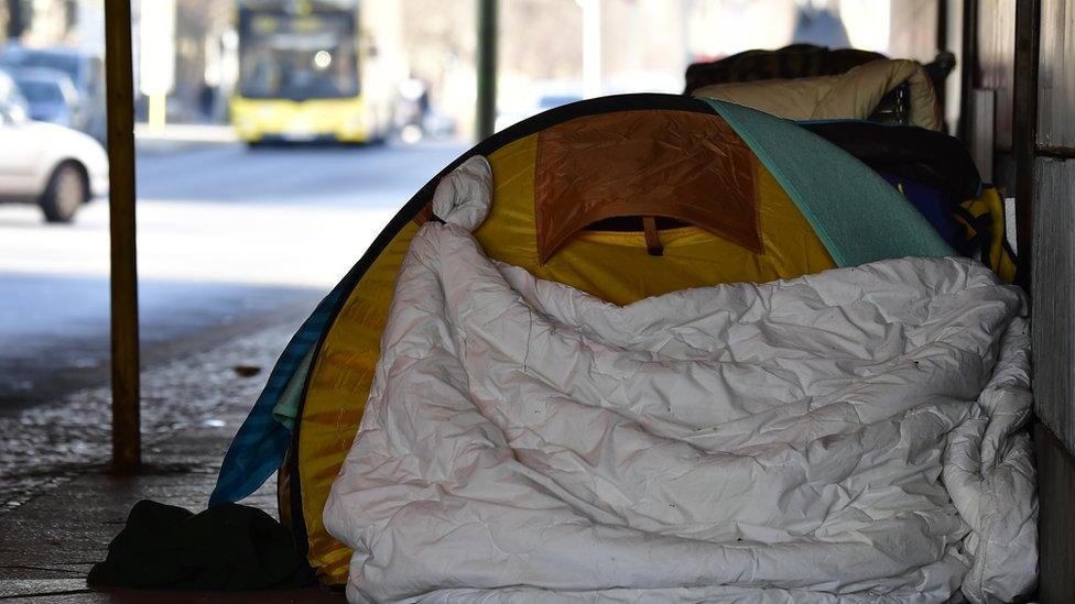 A tent at a makeshift homeless encampment under a bridge in Berlin's Tiergarten district. March 1, 2018