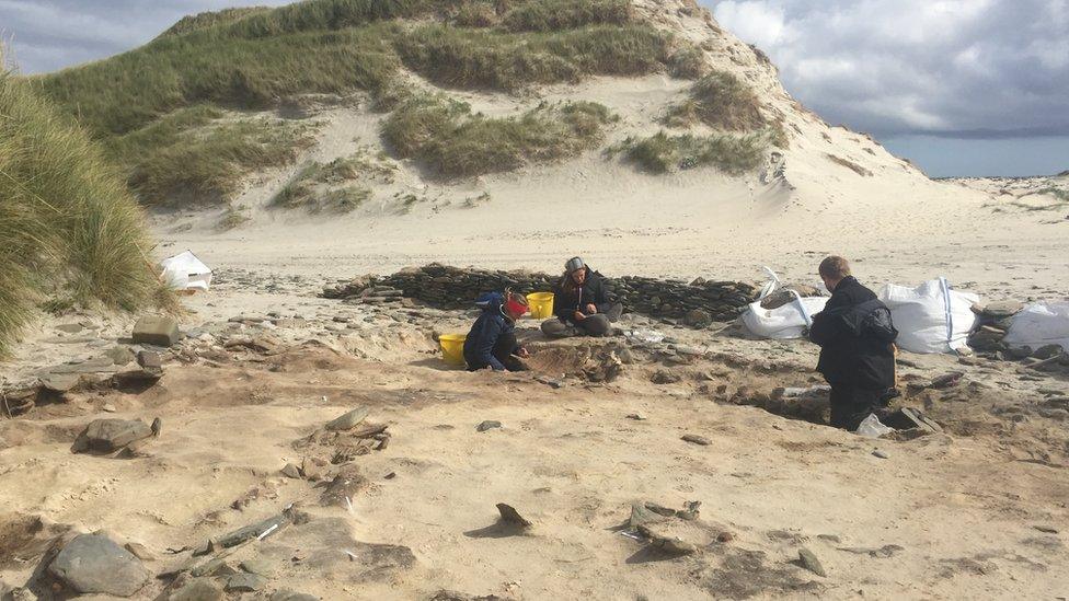 Archaeologists working behind sand dunes