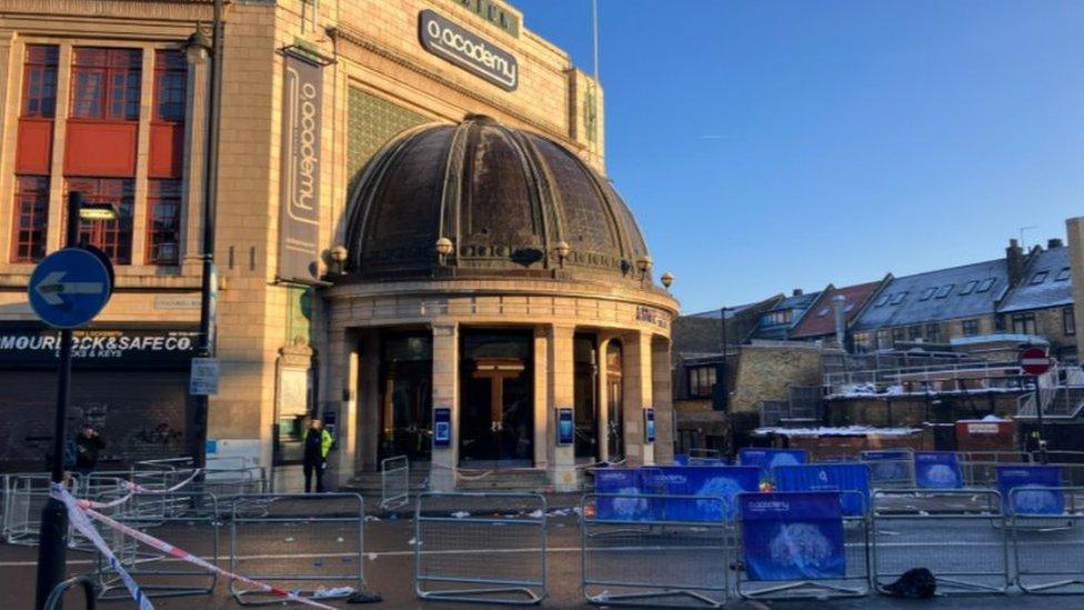 General view of the O2 Brixton Academy showing abandoned metal gates outside on Friday.