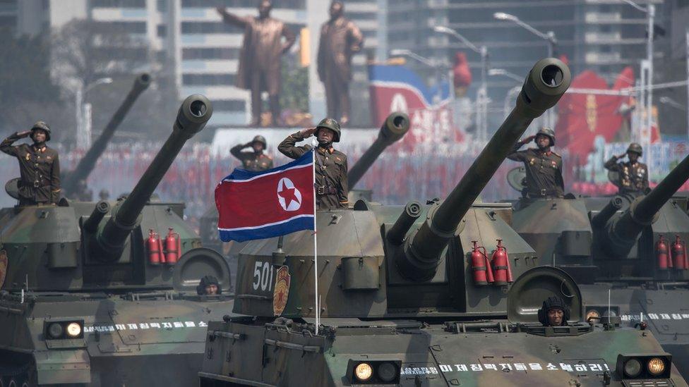 Korean People's Army tanks are displayed during a military parade in April 2017