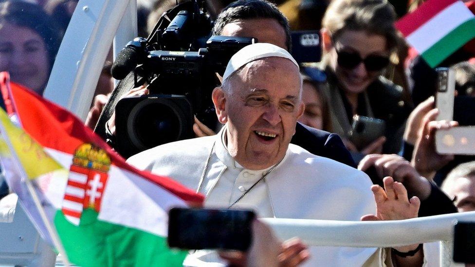 Pope Francis meets the crowd before an open-air mass in Budapest, Hungary. Photo: 30 April 2023