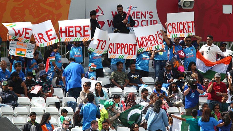 India fans during the ICC Women's World Cup match between India and Pakistan at The 3aaa County Ground on July 2, 2017 in Derby, England.