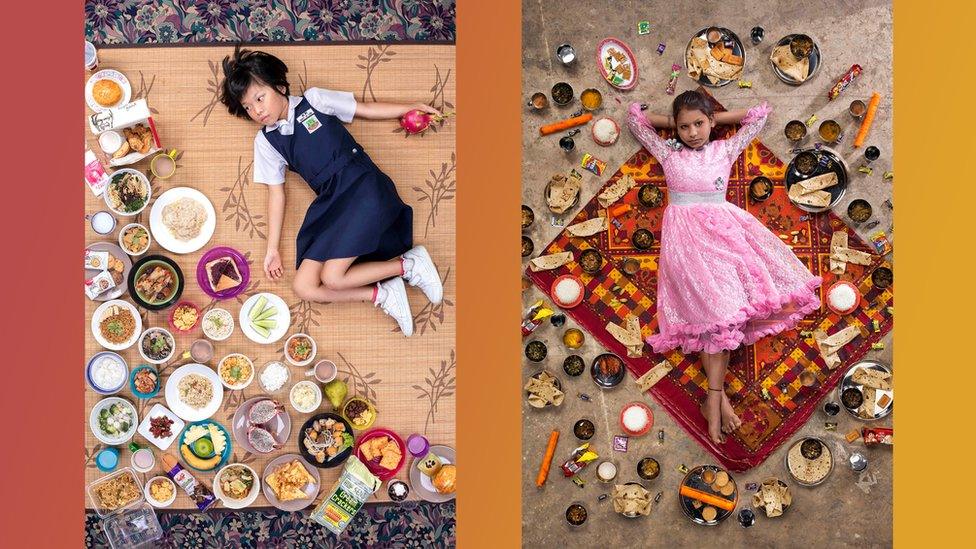 two photos of kids surrounded by food