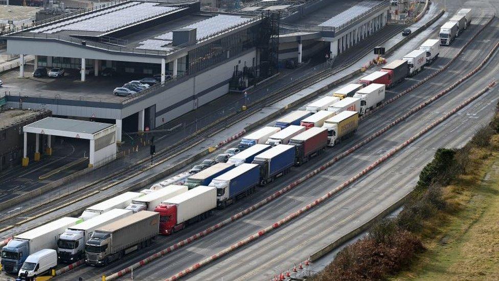 Container lorries queuing at the Port of Dover in January