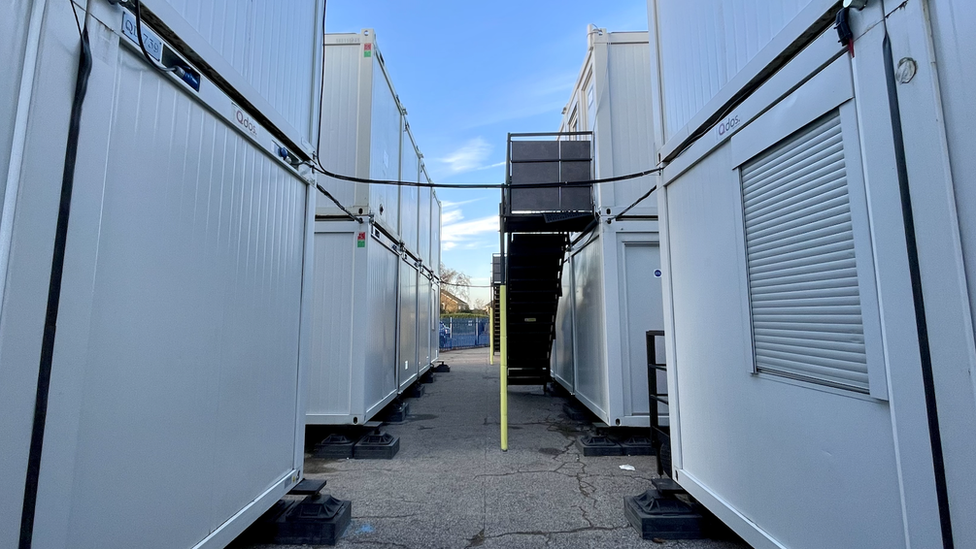 Hadleigh High School - showing metallic temporary classrooms